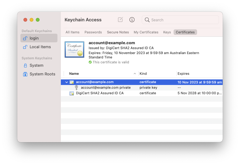 Keychain Access window showing the Certificates category