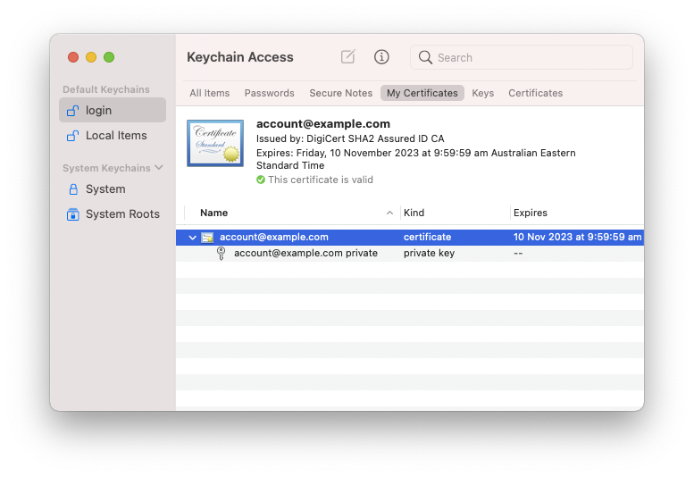 Keychain Access window showing the My Certificates category